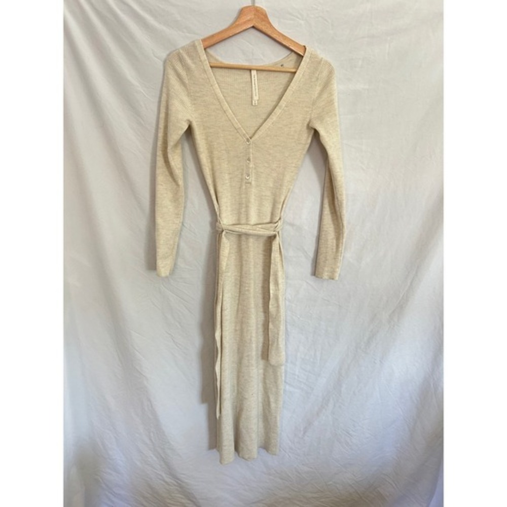 The Group Babaton Ribbed Knit Long Sleeve Button Front Midi Dress Beige‎ Medium